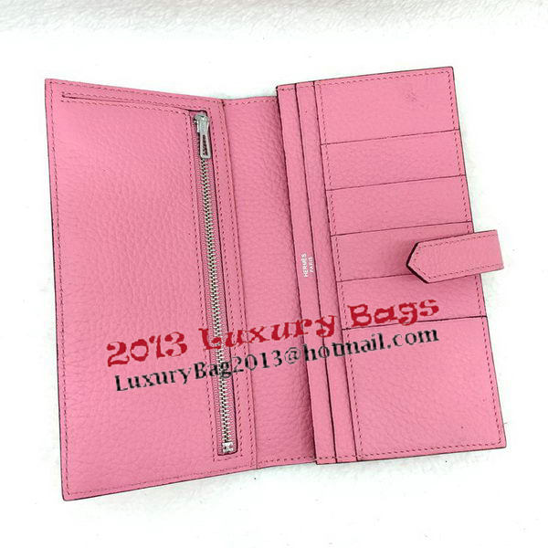 Hermes Bearn Japonaise Bi-Fold Wallet Litchi Leather A208 Pink