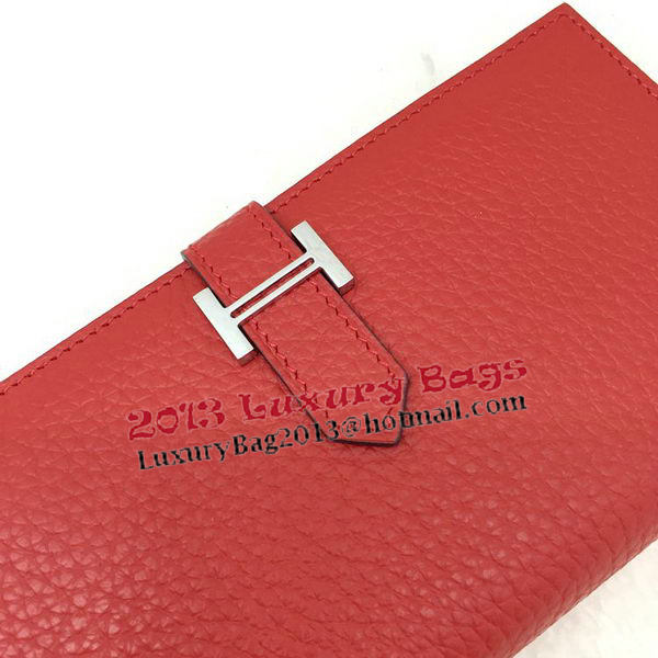 Hermes Bearn Japonaise Bi-Fold Wallet Litchi Leather A208 Red