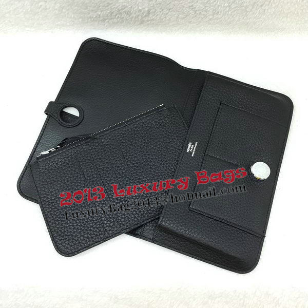 Hermes Dogon Combined Wallet Litchi Leather A508 Black