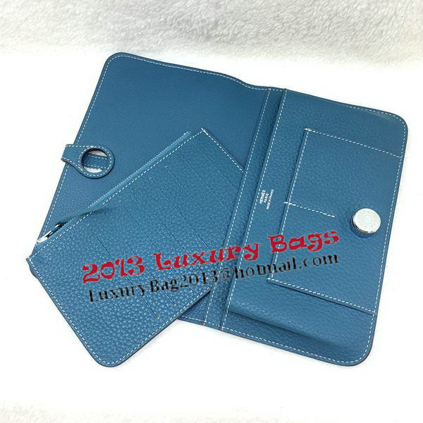 Hermes Dogon Combined Wallet Litchi Leather A508 Blue