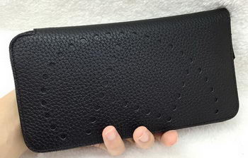 Hermes Evelyn Long Zip Wallet Litchi A808 Black
