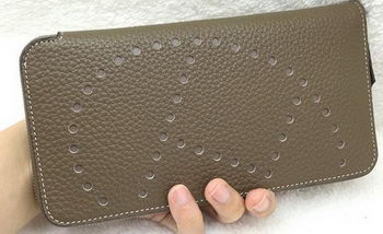 Hermes Evelyn Long Zip Wallet Litchi A808 Khaki