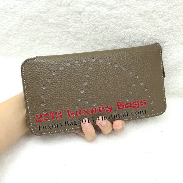 Hermes Evelyn Long Zip Wallet Litchi A808 Khaki