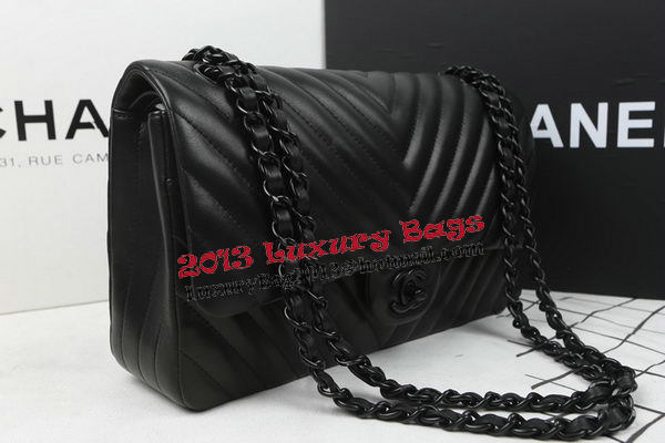 Chanel 2.55 Series Flap Bag Sheepskin Leather Chevron Quilting A1112 Black