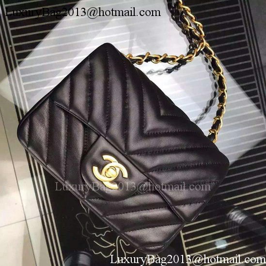 Chanel Classic mini Flap Bag Black Chevron Sheepskin Leather A68748 Gold