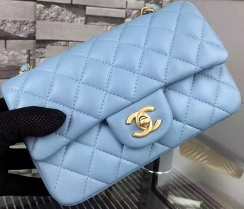 Chanel Classic mini Flap Bag SkyBlue Sheepskin Leather A67350 Gold