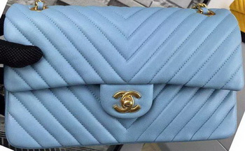 Chanel 2.55 Series Flap Bag SkyBlue Lambskin Chevron Leather A5023 Gold