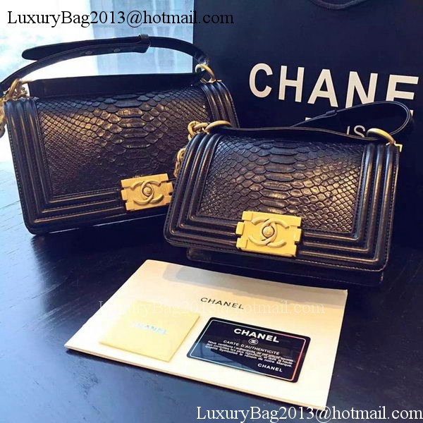 Chanel Boy Flap Shoulder Bag Black Python Leather A66094 Gold