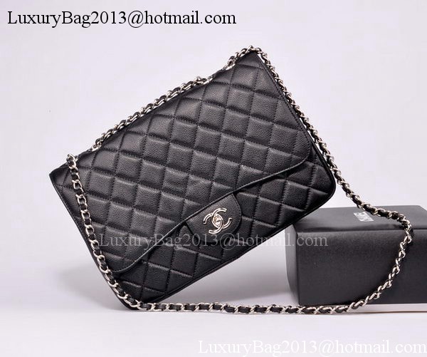 Chanel Jumbo Flap Bag Black Cannage Pattern A28600 Silver