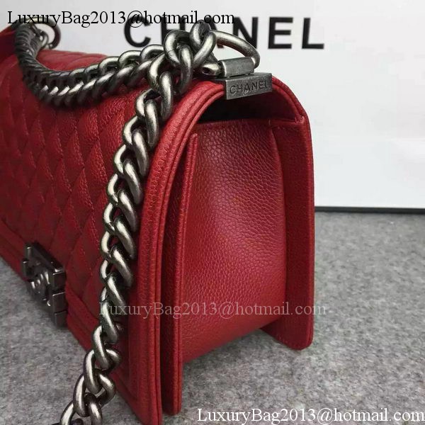 Chanel Boy Flap Shoulder Bag Red Original Calfskin Leather A8708 Silver