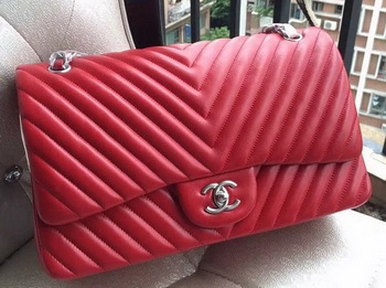 Chanel Classic Flap Bag Red Sheepskin Chevron Quilting A1113 Silver