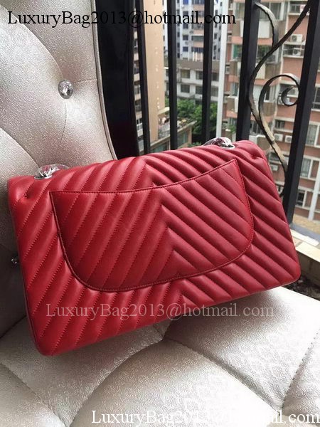 Chanel Classic Flap Bag Red Sheepskin Chevron Quilting A1113 Silver