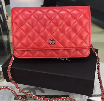 Chanel WOC mini Flap Bag Red Sheepskin A5373 Silver