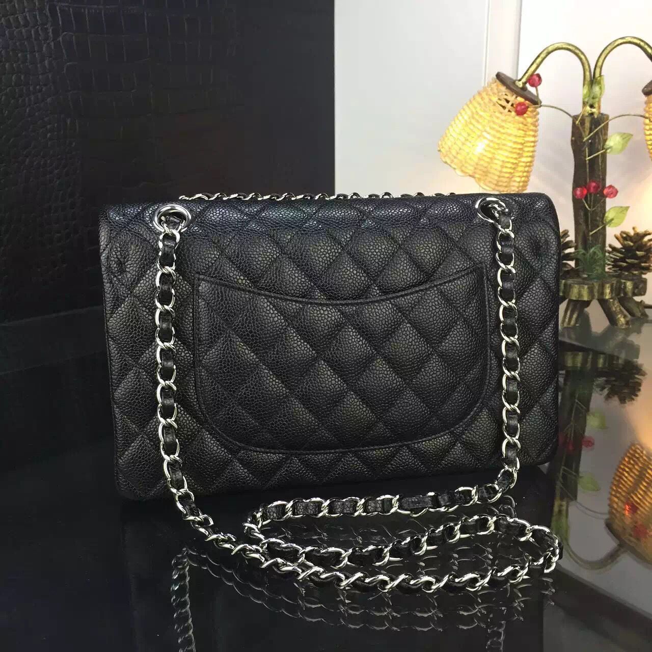 Chanel 2.55 Series Flap Bag Original Lambskin Leather Black Silver 1112