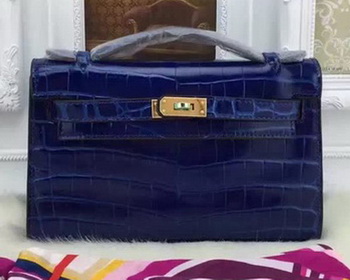 Hermes MINI Kelly 22cm Tote Bag Croco Leather KL22 Blue