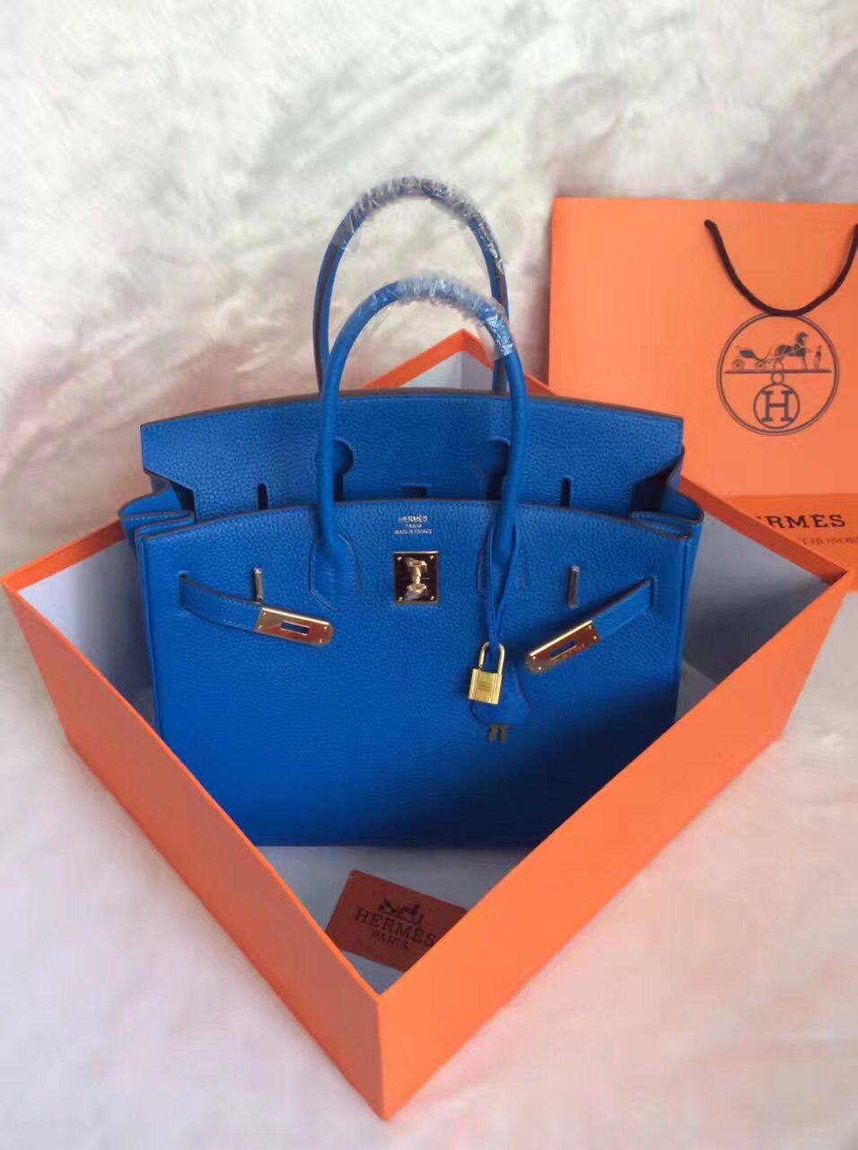 Hermes Birkin 30CM Tote Bag Blue Original Leather HB30 Glod