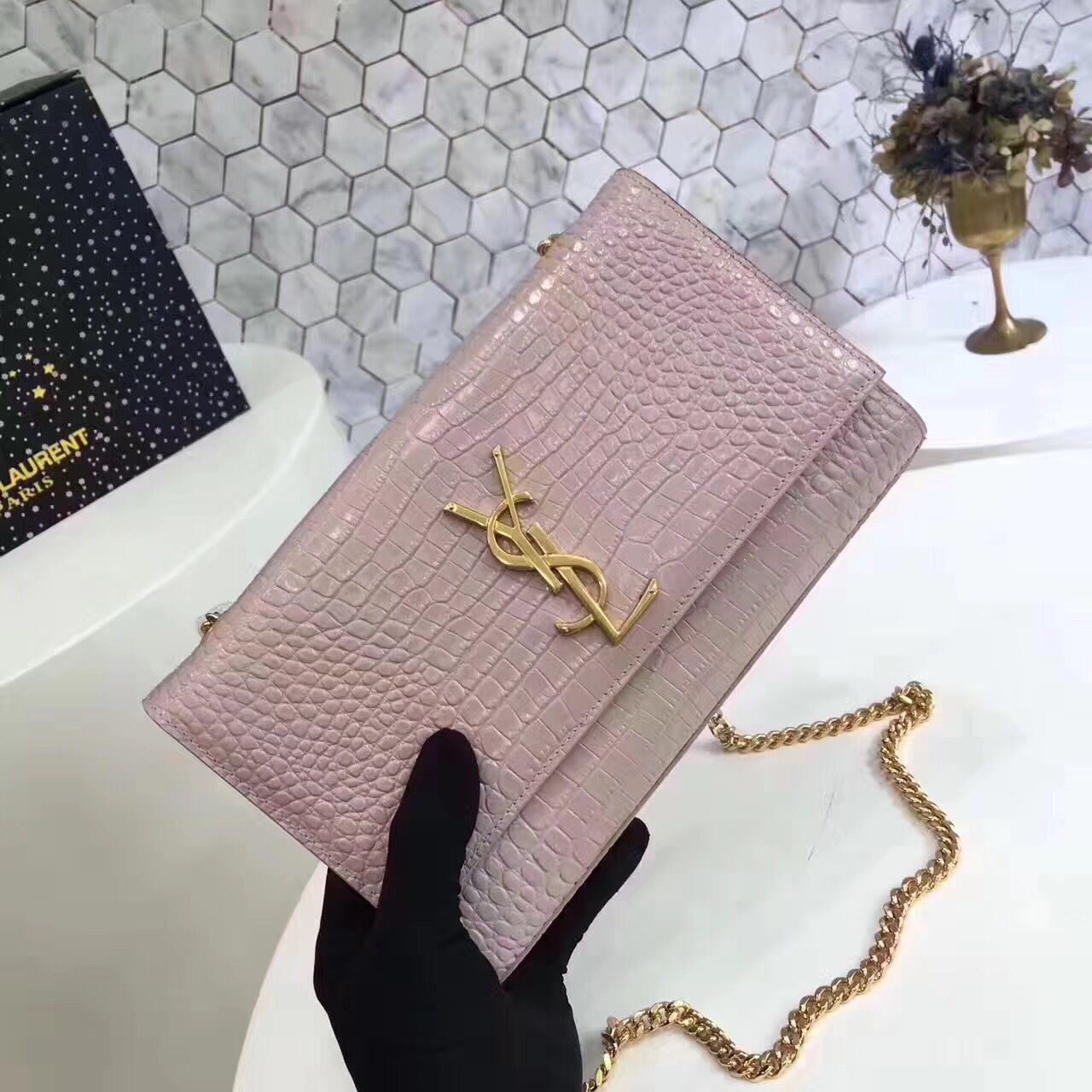 Yves Saint Laurent Original Crocodile Skin Shoulder Bag 17818 Pink