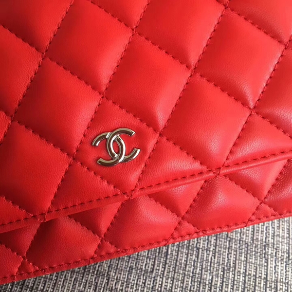 Chanel WOC Flap Bag Red Original Sheepskin Leather 33814 Silver