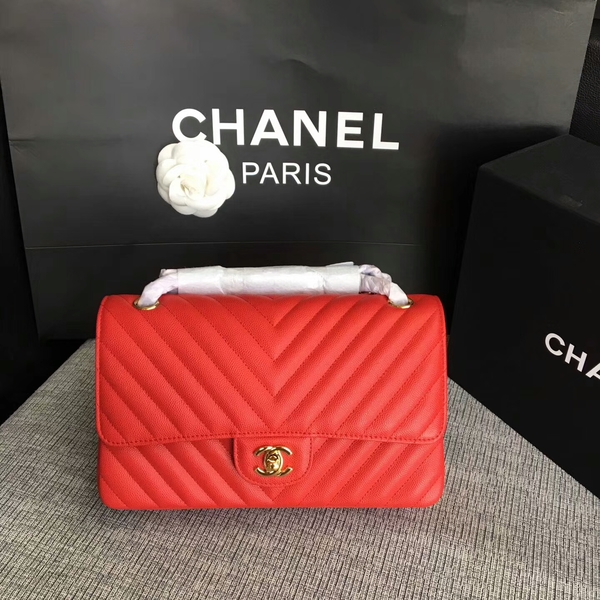 Chanel Flap Shoulder Bags Red Original Calfskin Leather CF1112 Gold