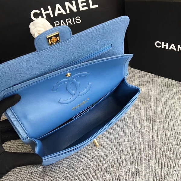 Chanel Flap Shoulder Bags Skyblue Original Calfskin Leather CF1112 Gold