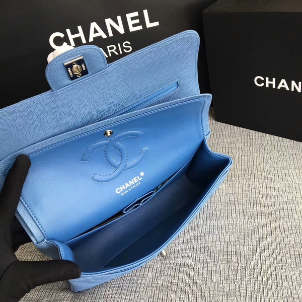 Chanel Flap Shoulder Bags Skyblue Original Calfskin Leather CF1112 Silver