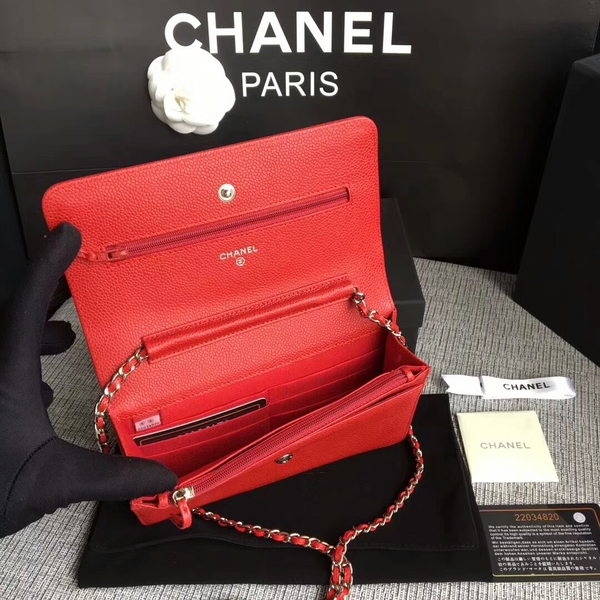 Chanel WOC Original Calfskin Leather Red Shoulder Bag 33814 Silver