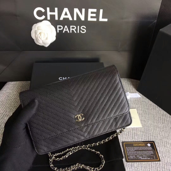 Chanel WOC Flap Shoulder Bag Black Calfskin A33814 Silver