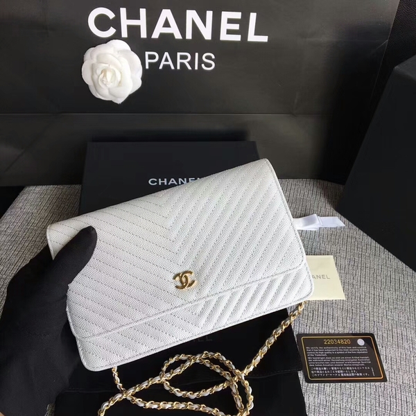 Chanel WOC Flap Shoulder Bag White Calfskin A33814 Gold