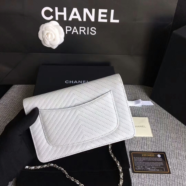 Chanel WOC Flap Shoulder Bag White Calfskin A33814 Silver