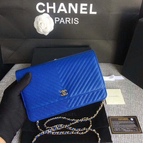 Chanel WOC Flap Shoulder Bag Blue Calfskin Leather A33814 Gold