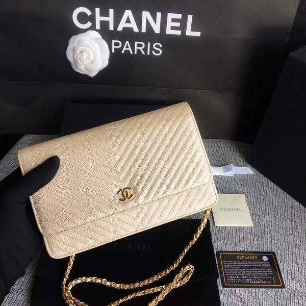 Chanel WOC Flap Shoulder Bag Gold Calfskin Leather A33814 Gold