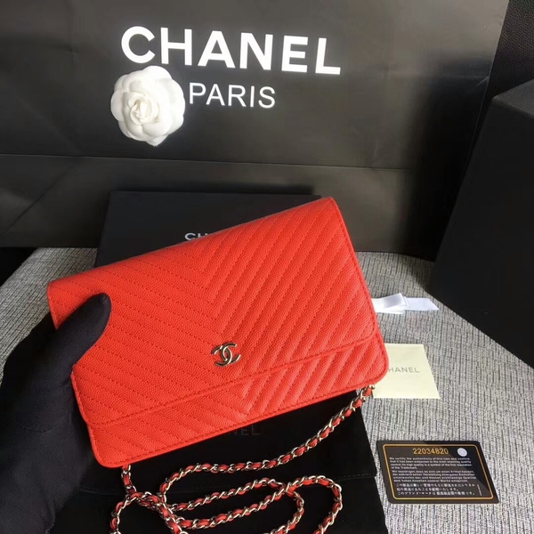 Chanel WOC Flap Shoulder Bag Red Calfskin Leather A33814 Silver