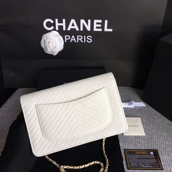 Chanel WOC Flap Shoulder Bag Offwhite Calfskin Leather A33814 Gold