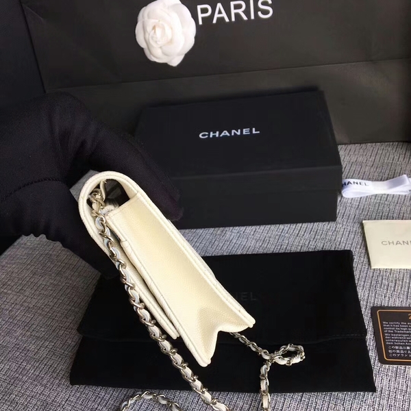 Chanel WOC Flap Shoulder Bag Offwhite Calfskin Leather A33814 Silver