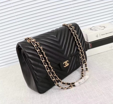 Chanel Maxi Classic Flap Bag Black Chevron Sheepskin Leather A58601 Gold