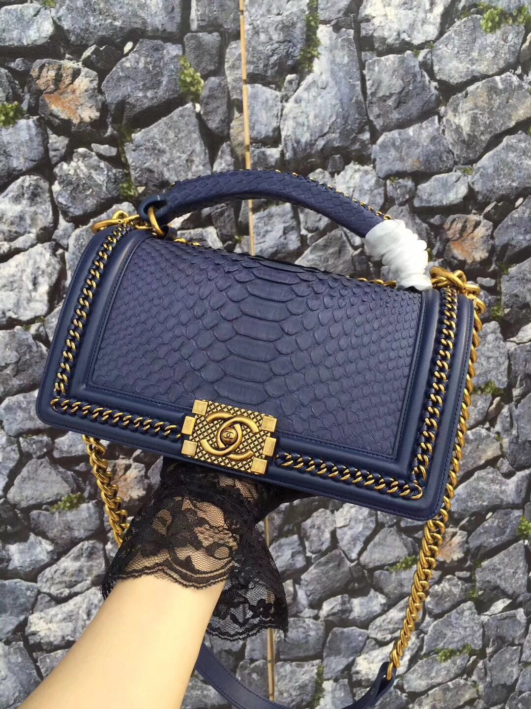 Boy Chanel Flap Shoulder Bag original Snake leather 67086 dark blue