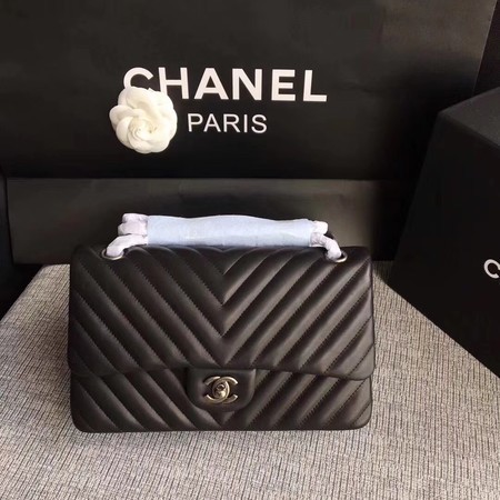 Chanel Flap Shoulder Bag Black Original Sheepskin Leather CF1112V Silver