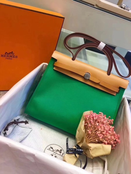 Hermes Herbag 31CM Original Canvas Leather & Calfskin 45987 Green&Apricot