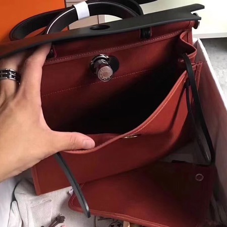 Hermes Herbag 31CM Original Canvas Leather & Calfskin 45987 Wine&Black