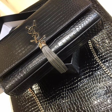 Yves Saint Laurent Crocodile Leather Shoulder Bag 1456 Black&Silver