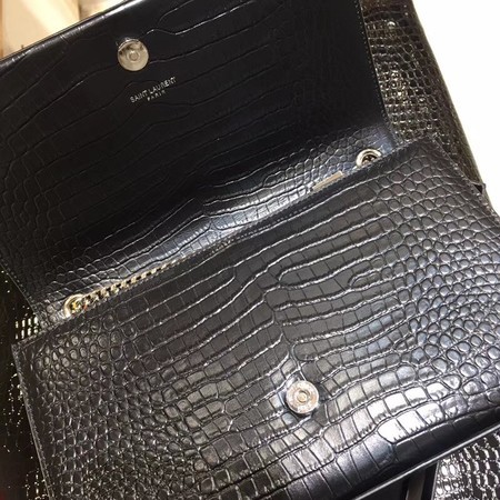 Yves Saint Laurent Crocodile Leather Shoulder Bag 1456 Black&Silver