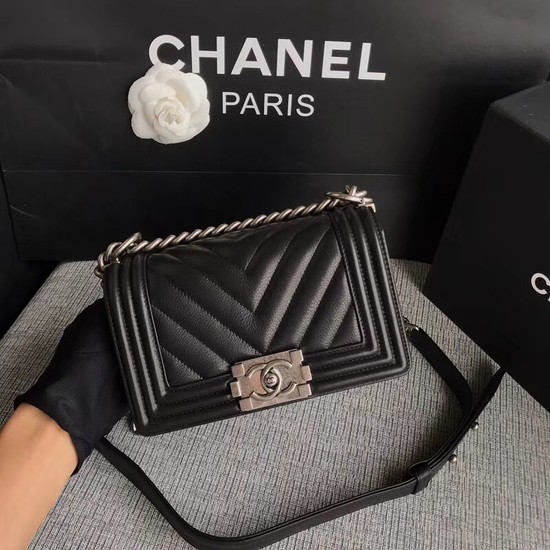 Chanel Le Boy Flap Shoulder Bag Original Calf leather A67085 black silver Buckle