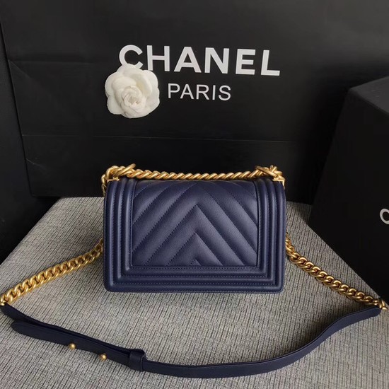 Chanel Le Boy Flap Shoulder Bag Original Calf leather A67085 dark blue Gold Buckle