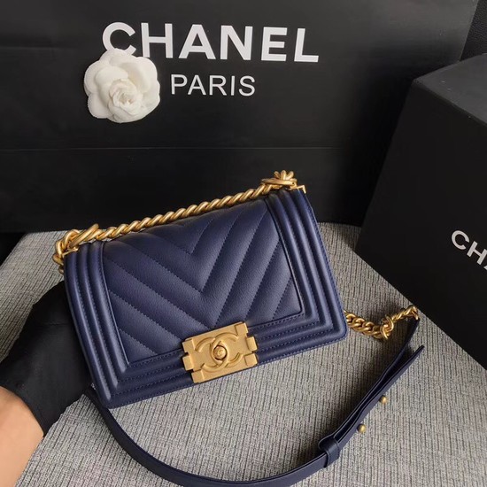 Chanel Le Boy Flap Shoulder Bag Original Calf leather A67085 dark blue Gold Buckle