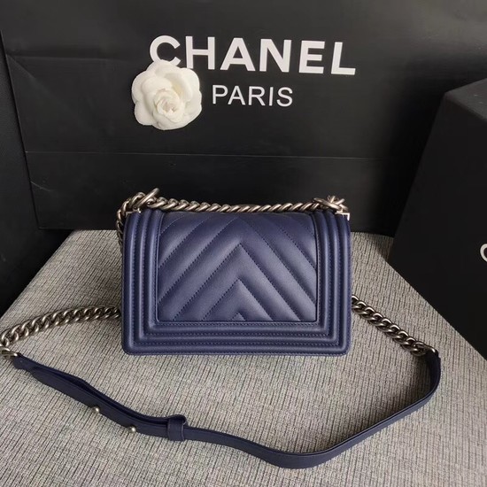 Chanel Le Boy Flap Shoulder Bag Original Calf leather A67085 dark blue silver Buckle