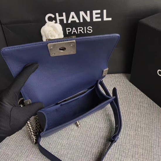 Chanel Le Boy Flap Shoulder Bag Original Calf leather A67085 dark blue silver Buckle