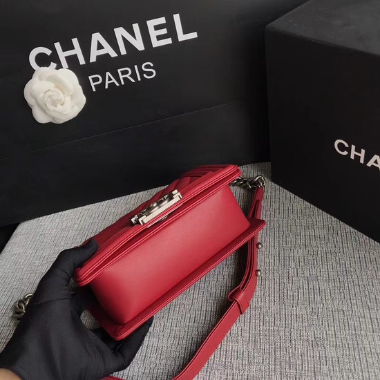 Chanel Le Boy Flap Shoulder Bag Original Calf leather A67085 deep red silver Buckle