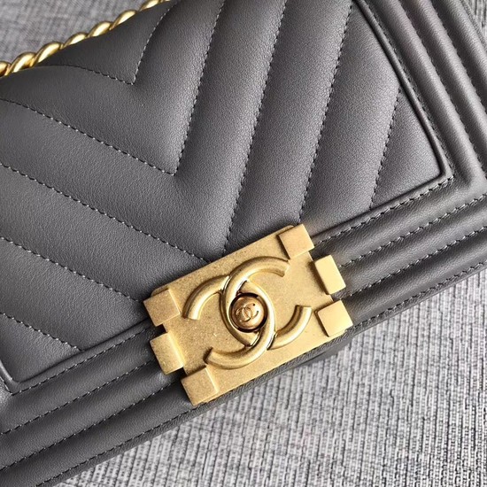 Chanel Le Boy Flap Shoulder Bag Original Calf leather A67085 grey Gold Buckle