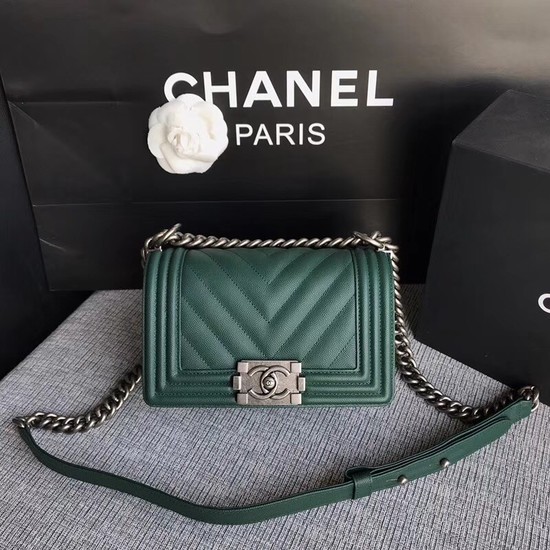 Chanel Le Boy Flap Shoulder Bag Original Caviar Leather P67085 Blackish green silver Buckle