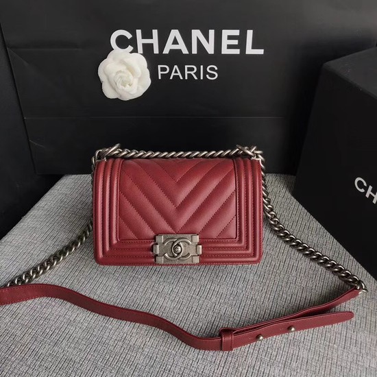 Chanel Le Boy Flap Shoulder Bag Original Caviar Leather P67085 Deep red silver Buckle